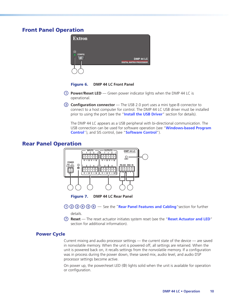 Front panel operation, Rear panel operation, Power cycle | Front panel operation rear panel operation | Extron Electronics DMP 44 LC User Guide User Manual | Page 16 / 81