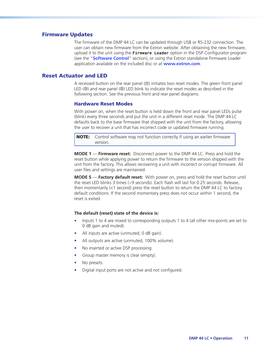 Firmware updates, Reset actuator and led, Firmware updates reset actuator and led | Eset (see the | Extron Electronics DMP 44 LC User Guide User Manual | Page 17 / 81