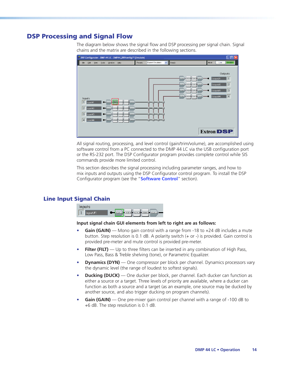 Dsp processing and signal flow, Line input signal chain, Dsp processing/signal flow | Extron Electronics DMP 44 LC User Guide User Manual | Page 20 / 81