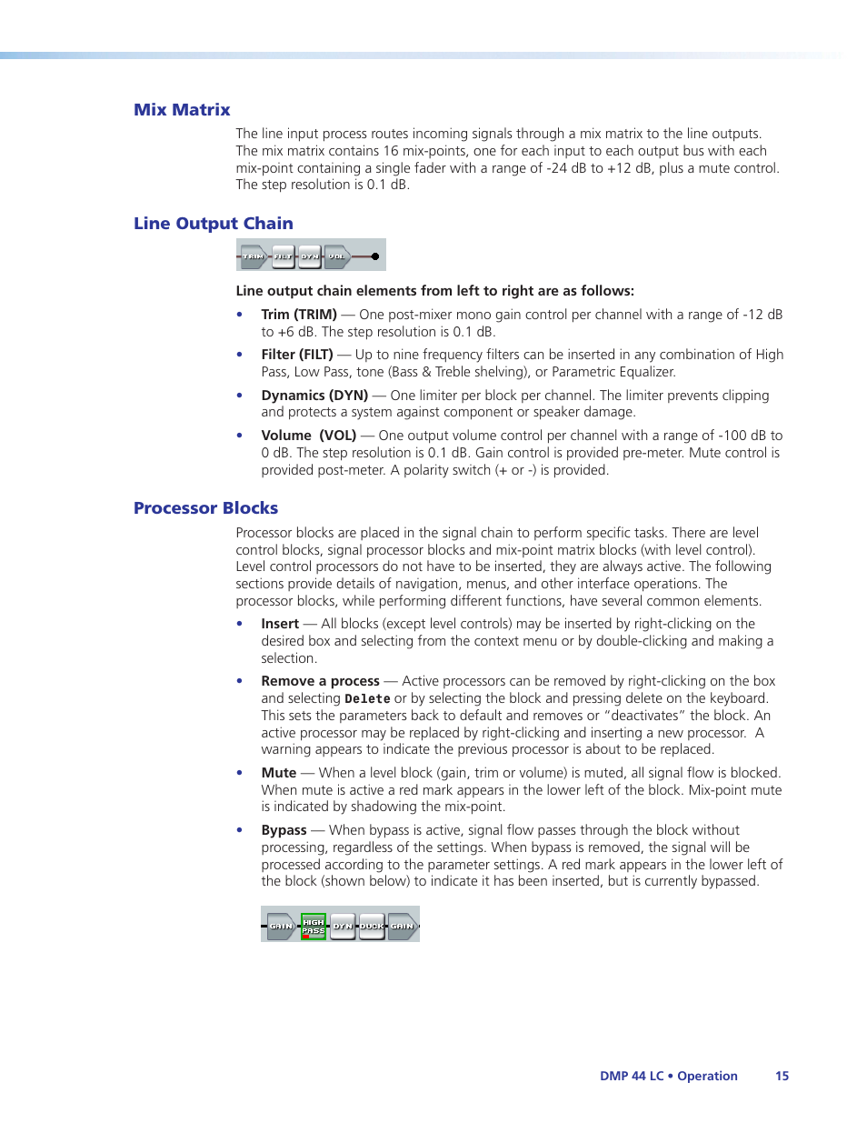 Mix matrix, Line output chain, Processor blocks | Mix matrix line output chain processor blocks | Extron Electronics DMP 44 LC User Guide User Manual | Page 21 / 81