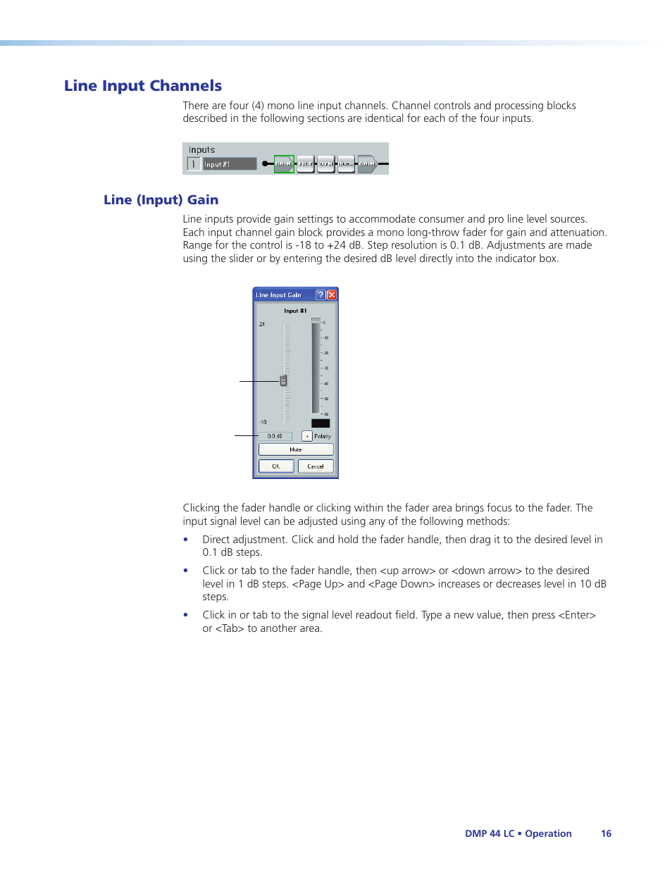 Line input channels, Line (input) gain, Line output channels | Extron Electronics DMP 44 LC User Guide User Manual | Page 22 / 81