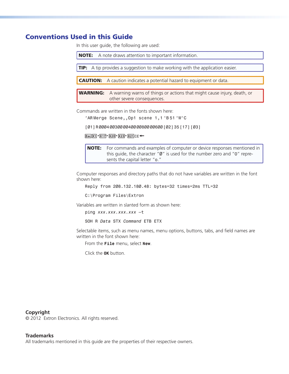 Conventions used in this guide | Extron Electronics DMP 44 LC User Guide User Manual | Page 4 / 81