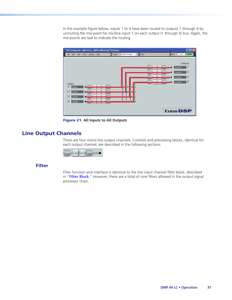 Line output channels, Filter | Extron Electronics DMP 44 LC User Guide User Manual | Page 43 / 81