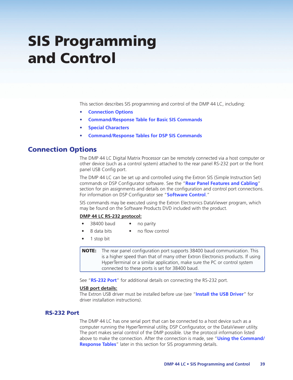 Sis programming and control, Connection options, Rs-232 port | Extron Electronics DMP 44 LC User Guide User Manual | Page 45 / 81