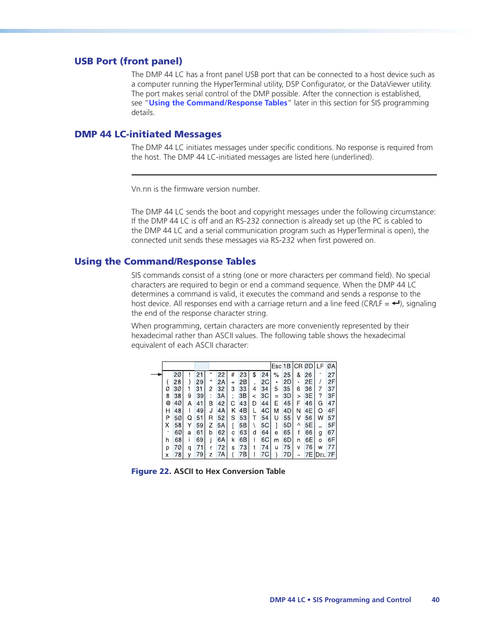 Usb port (front panel), Dmp 44 lc-initiated messages, Using the command/response tables | Using the command, Response tables | Extron Electronics DMP 44 LC User Guide User Manual | Page 46 / 81