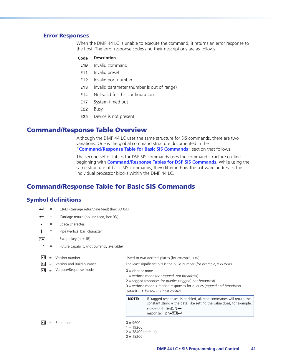 Error responses, Command/response table overview, Command/response table for basic sis commands | Symbol definitions, Commands | Extron Electronics DMP 44 LC User Guide User Manual | Page 47 / 81