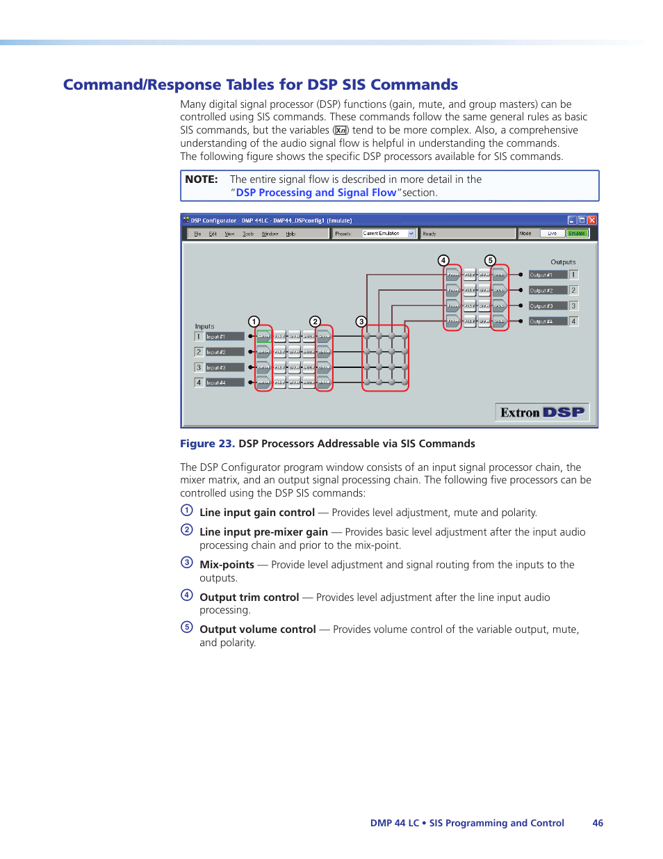 Command/response tables for dsp sis commands, Command/response tables for dsp sis, Commands | Beginning with, Ab c e d | Extron Electronics DMP 44 LC User Guide User Manual | Page 52 / 81