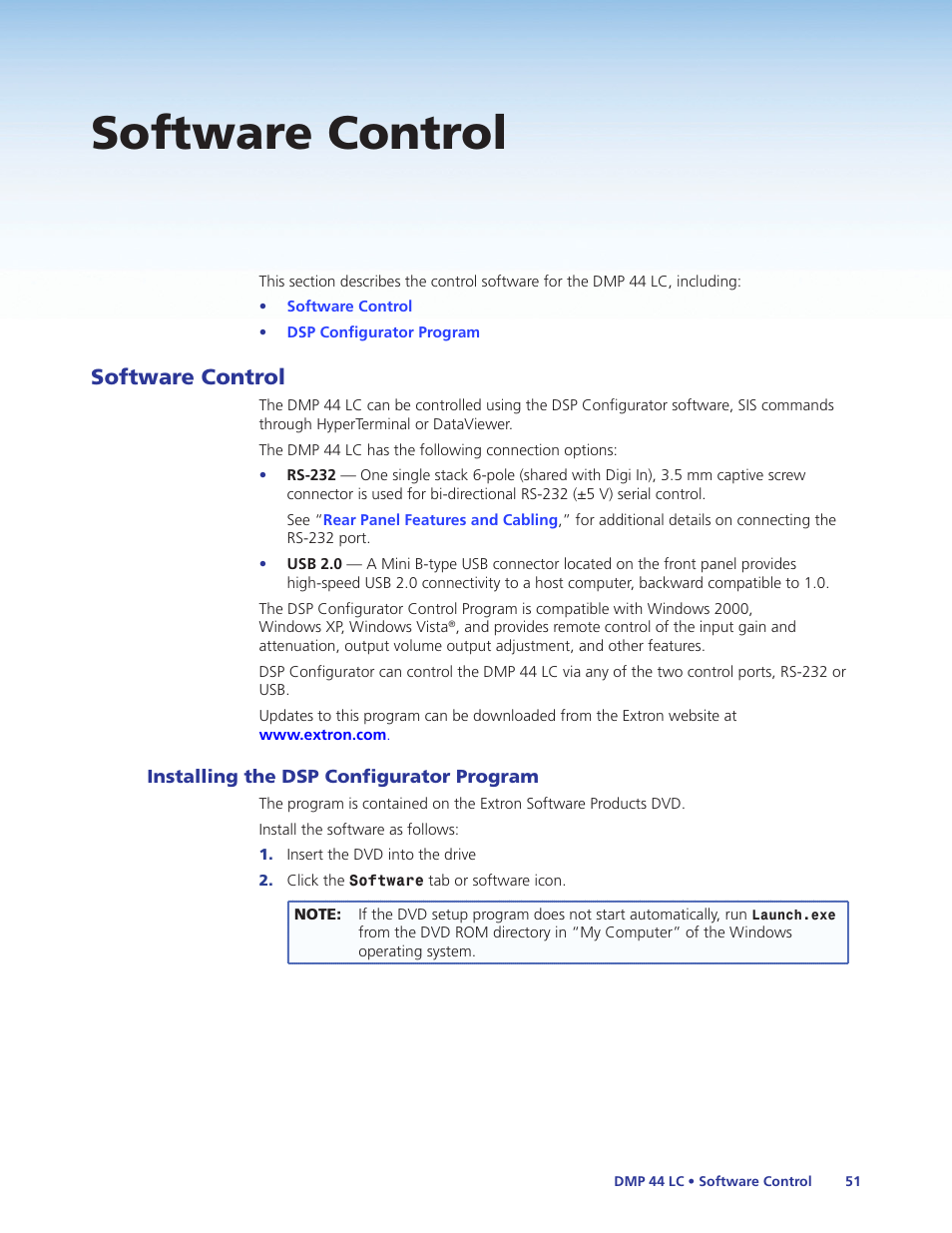 Software control, Installing the dsp configurator program, E operation (see | Windows-based program, Control, Ol, (see | Extron Electronics DMP 44 LC User Guide User Manual | Page 57 / 81