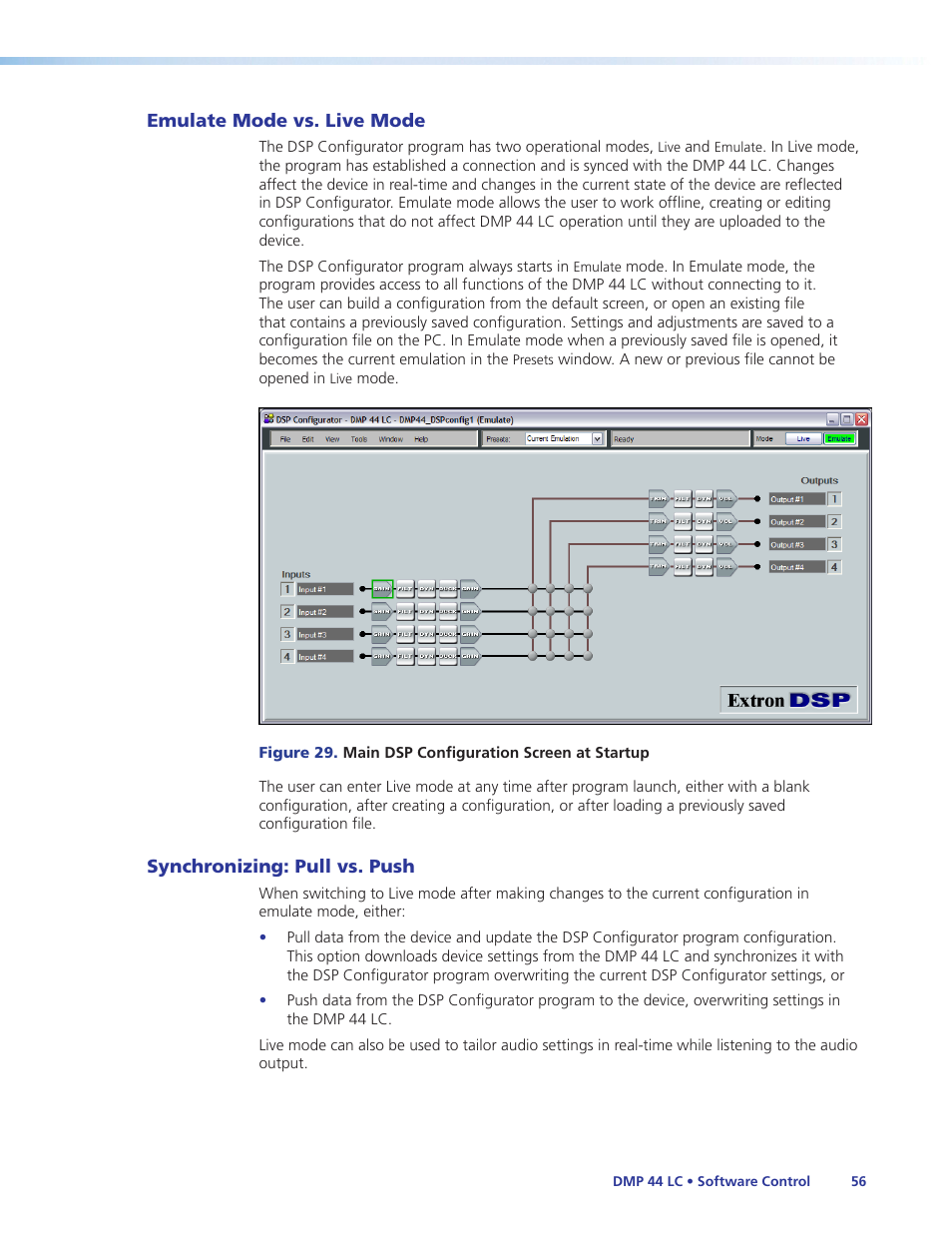 Emulate mode vs. live mode, Synchronizing: pull vs. push, Mode (see | Emulate mode vs, Live mode | Extron Electronics DMP 44 LC User Guide User Manual | Page 62 / 81