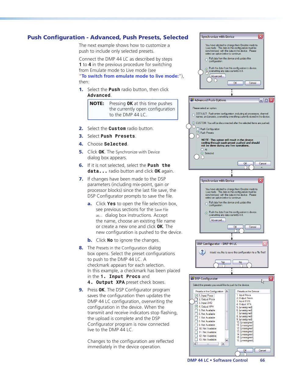 Push configuration - advanced, push presets, Selected | Extron Electronics DMP 44 LC User Guide User Manual | Page 72 / 81