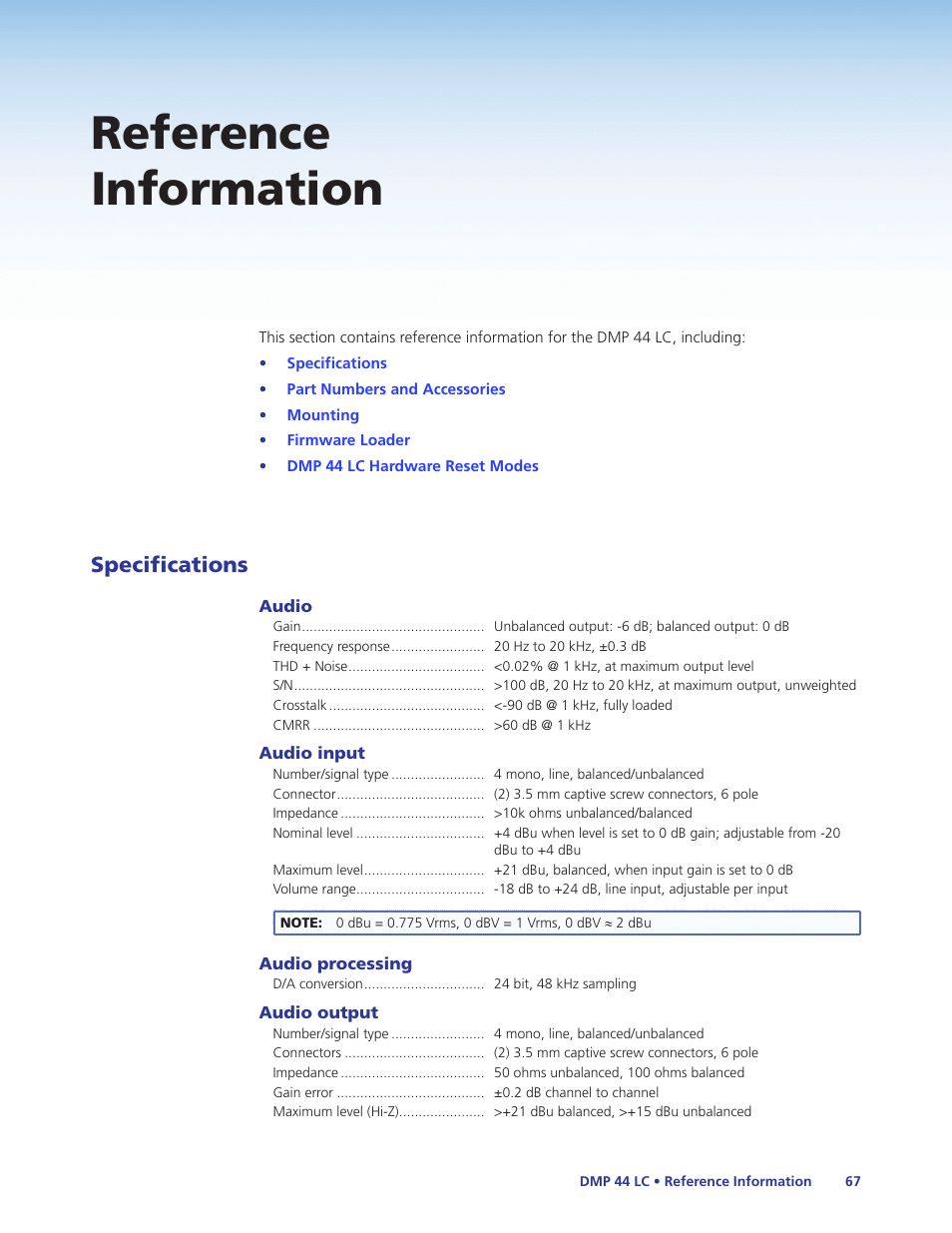 Reference information, Specifications | Extron Electronics DMP 44 LC User Guide User Manual | Page 73 / 81