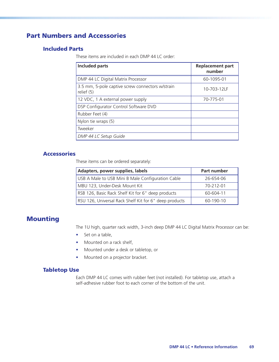 Part numbers and accessories, Included parts, Accessories | Mounting, Tabletop use, Included parts accessories, In the | Extron Electronics DMP 44 LC User Guide User Manual | Page 75 / 81