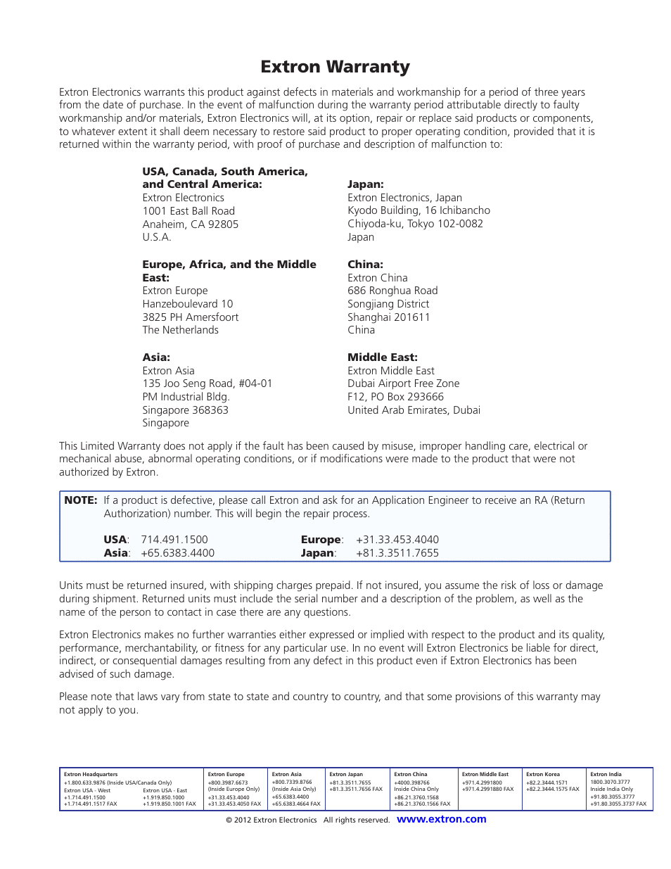 Inside rear cover: warranty, Extron warranty | Extron Electronics DMP 44 LC User Guide User Manual | Page 81 / 81