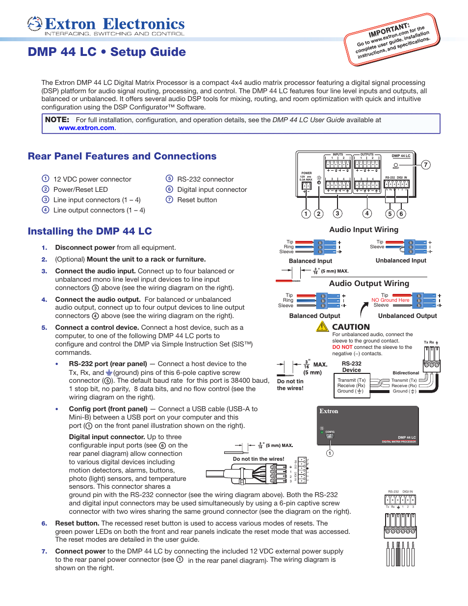 Extron Electronics DMP 44 LC Setup Guide User Manual | 2 pages