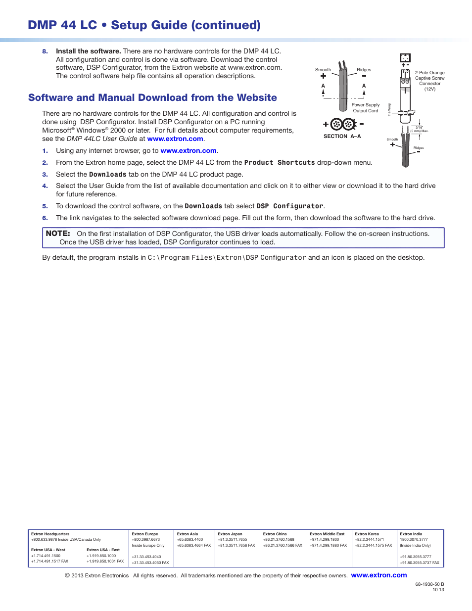 Dmp 44 lc • setup guide (continued), Software and manual download from the website | Extron Electronics DMP 44 LC Setup Guide User Manual | Page 2 / 2