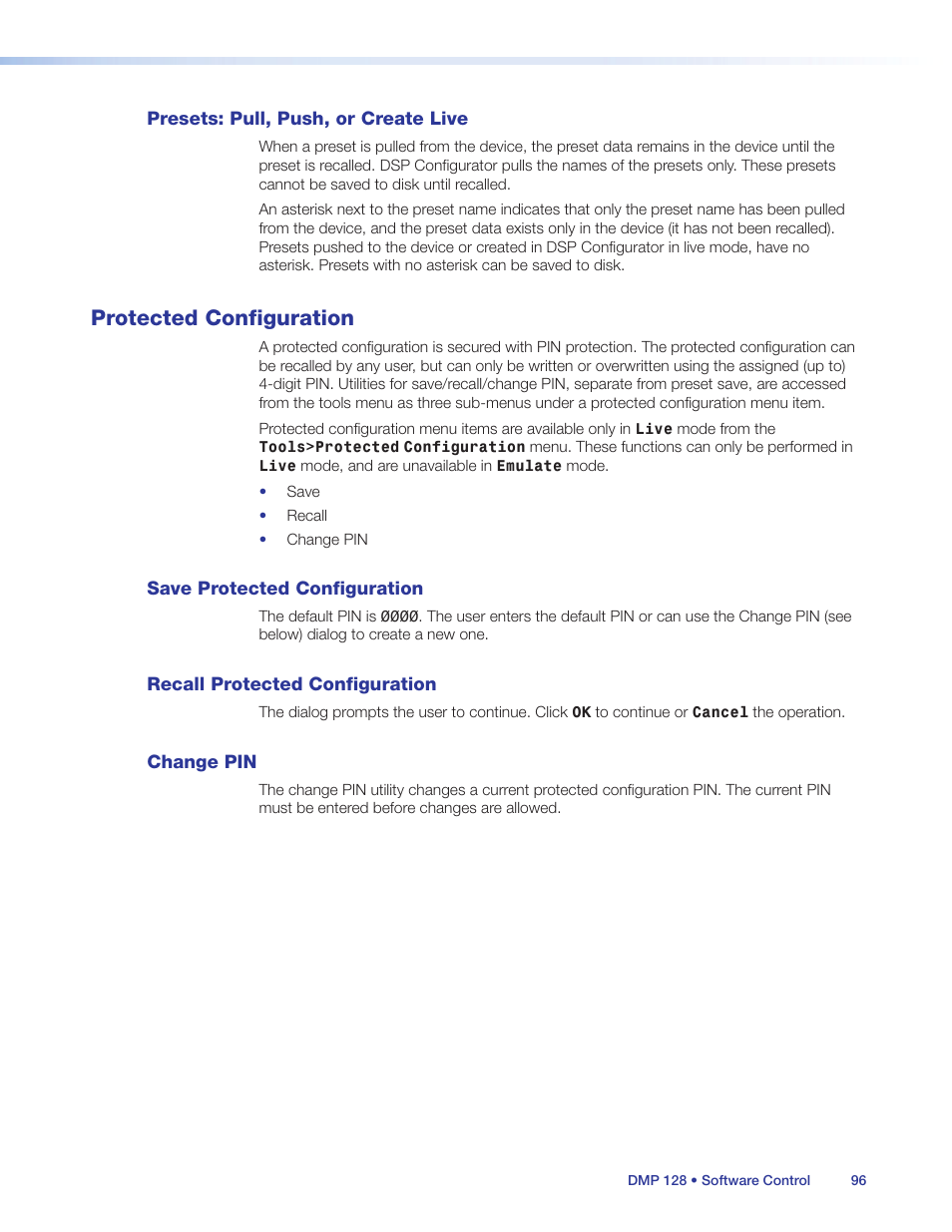 Presets: pull, push, or create live, Protected configuration, Save protected configuration | Recall protected configuration, Change pin | Extron Electronics DMP 128 User Guide User Manual | Page 102 / 205