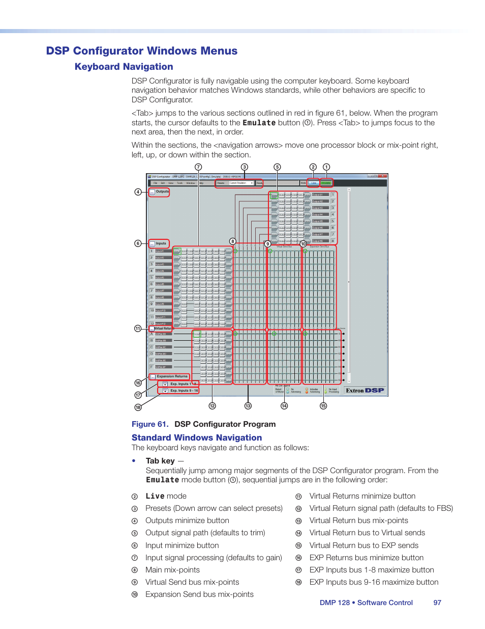 Dsp configurator windows menus, Keyboard navigation, Ow keys following a single click (see | Extron Electronics DMP 128 User Guide User Manual | Page 103 / 205