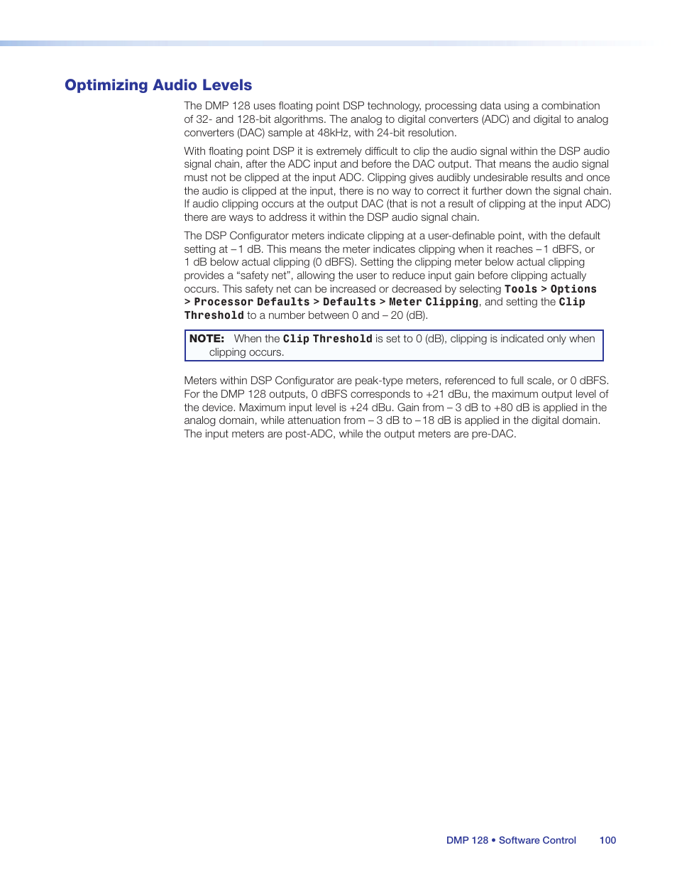 Optimizing audio levels, E (see, Optimizing audio | Levels | Extron Electronics DMP 128 User Guide User Manual | Page 106 / 205