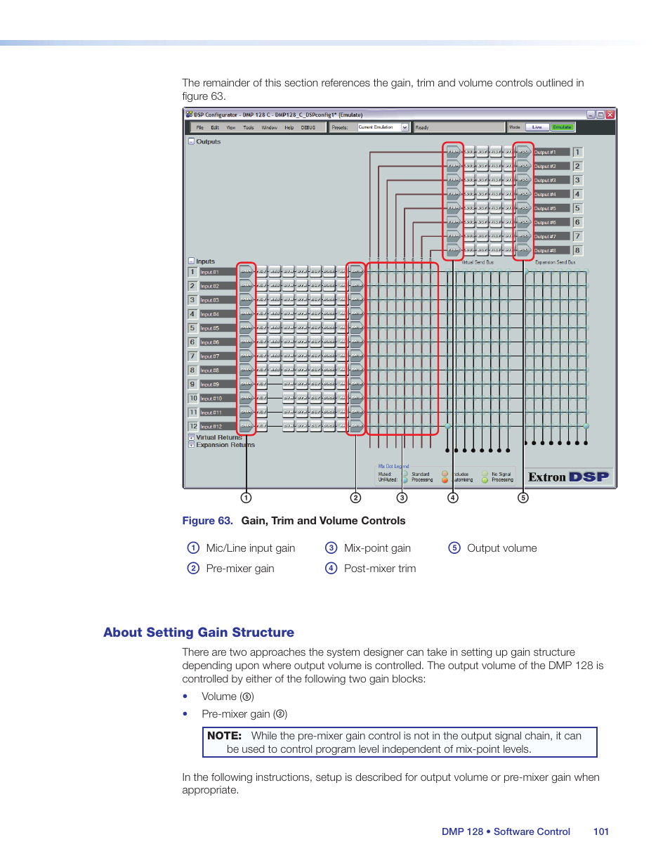 About setting gain structure, Ac d e b | Extron Electronics DMP 128 User Guide User Manual | Page 107 / 205
