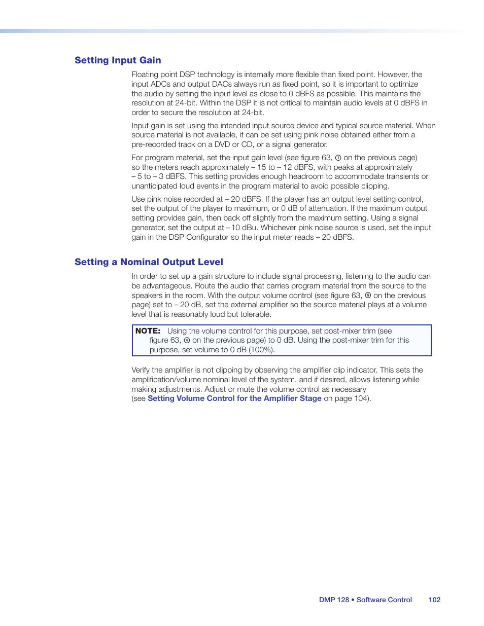 Setting input gain, Setting a nominal output level, Setting input gain setting a nominal output level | Extron Electronics DMP 128 User Guide User Manual | Page 108 / 205