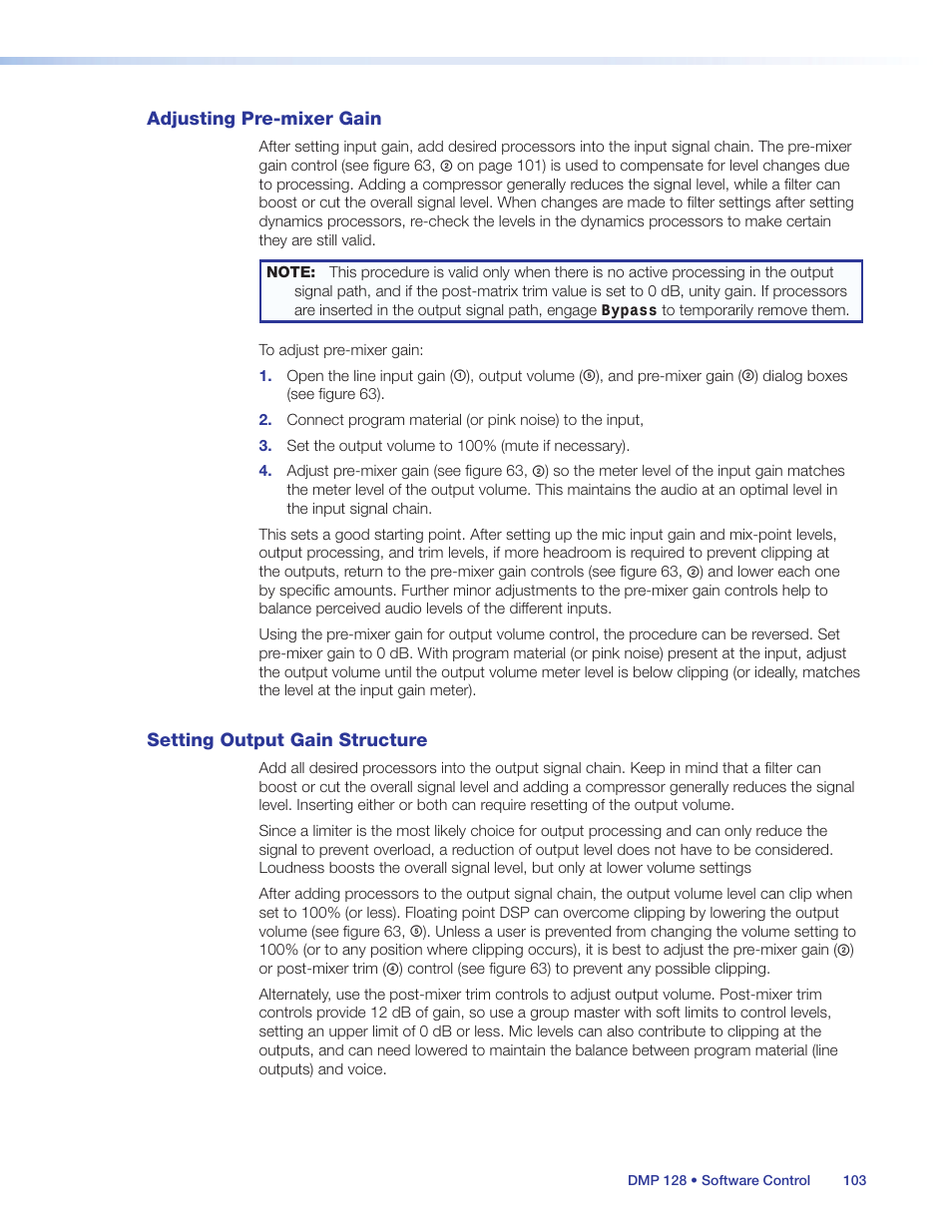 Adjusting trim, Adjusting pre-mixer gain, Setting output gain structure | Extron Electronics DMP 128 User Guide User Manual | Page 109 / 205