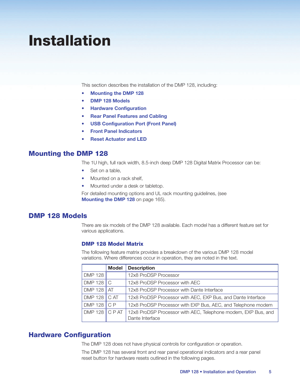 Installation, Mounting the dmp 128, Dmp 128 models | Hardware configuration | Extron Electronics DMP 128 User Guide User Manual | Page 11 / 205