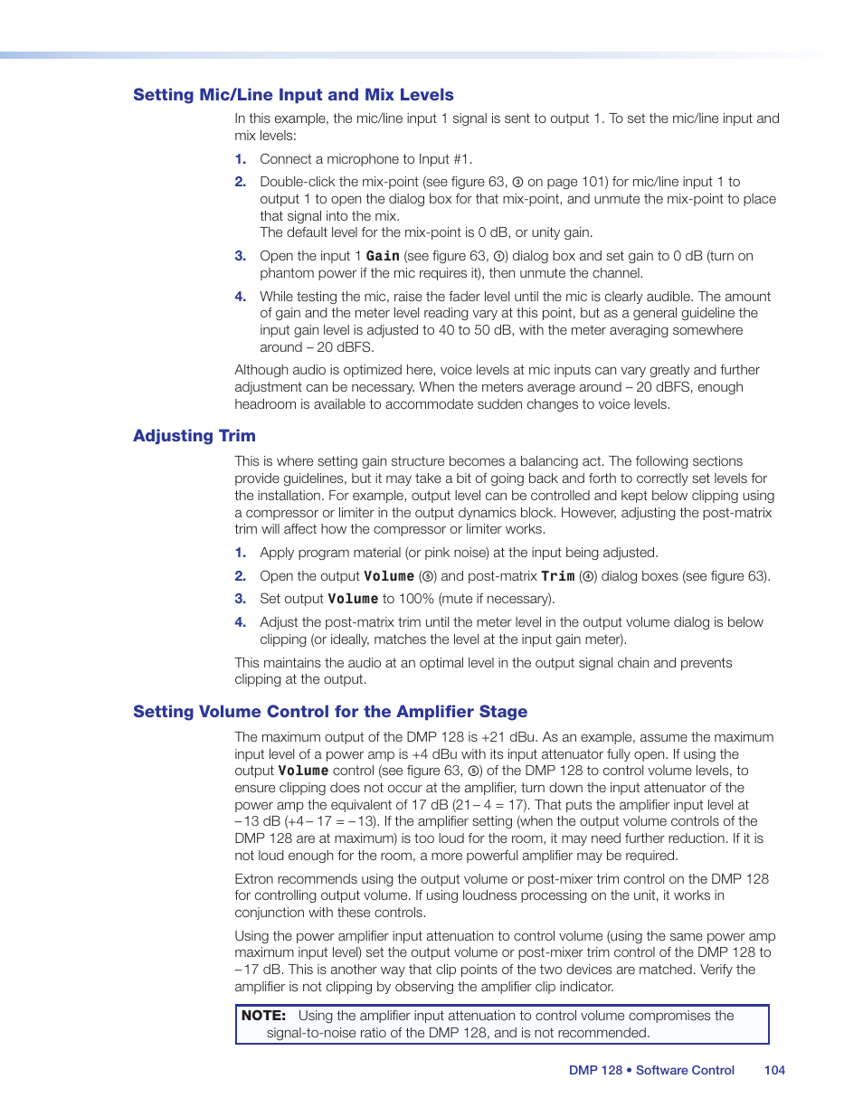 Setting mic/line input and mix levels, Adjusting trim, Setting volume control for the amplifier stage | Amplifier stage | Extron Electronics DMP 128 User Guide User Manual | Page 110 / 205