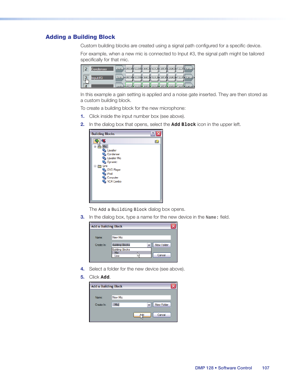 Adding a building block | Extron Electronics DMP 128 User Guide User Manual | Page 113 / 205