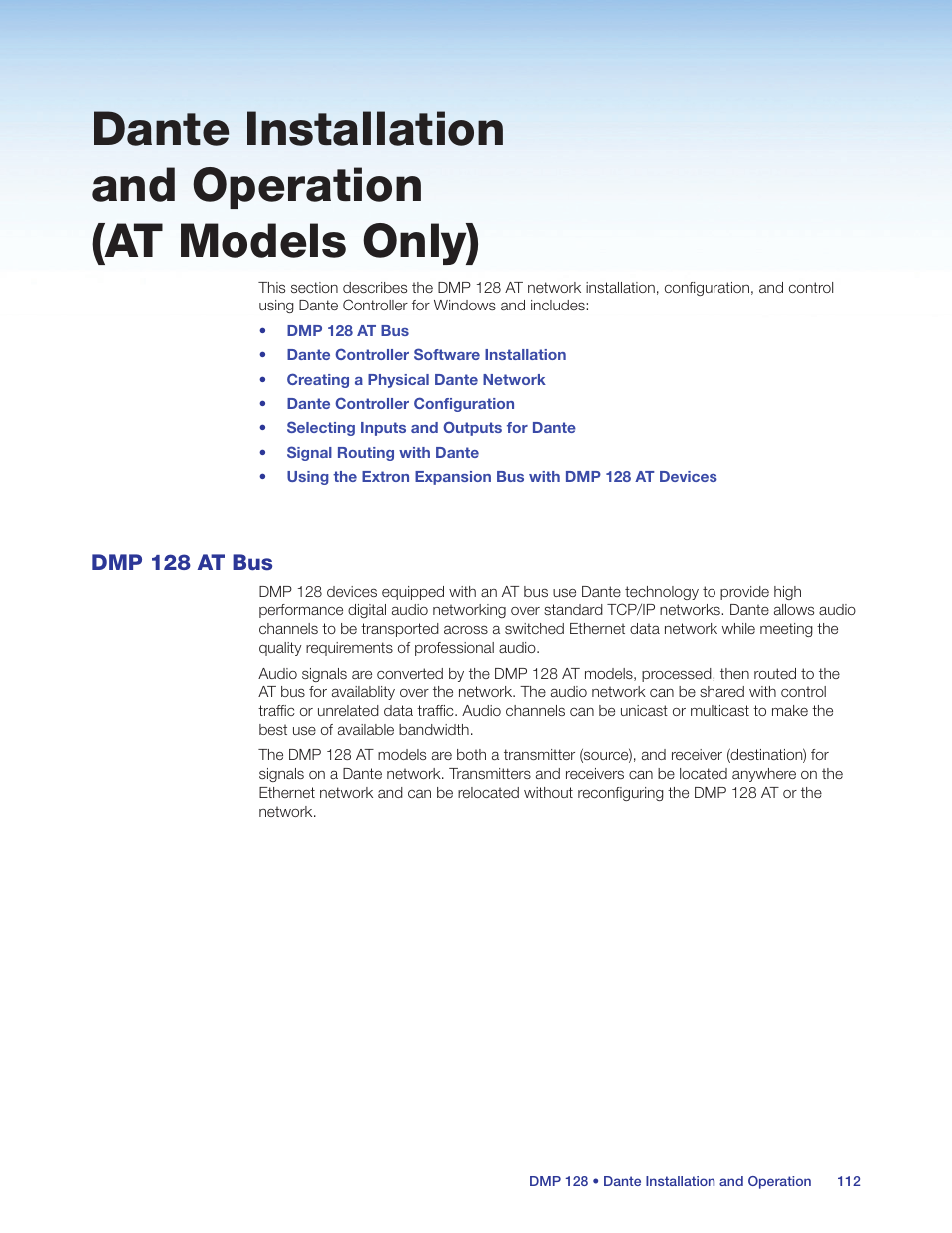 Dante installation and operation (at models ), Dmp 128 at bus, Dante installation and operation (at models only) | Extron Electronics DMP 128 User Guide User Manual | Page 118 / 205