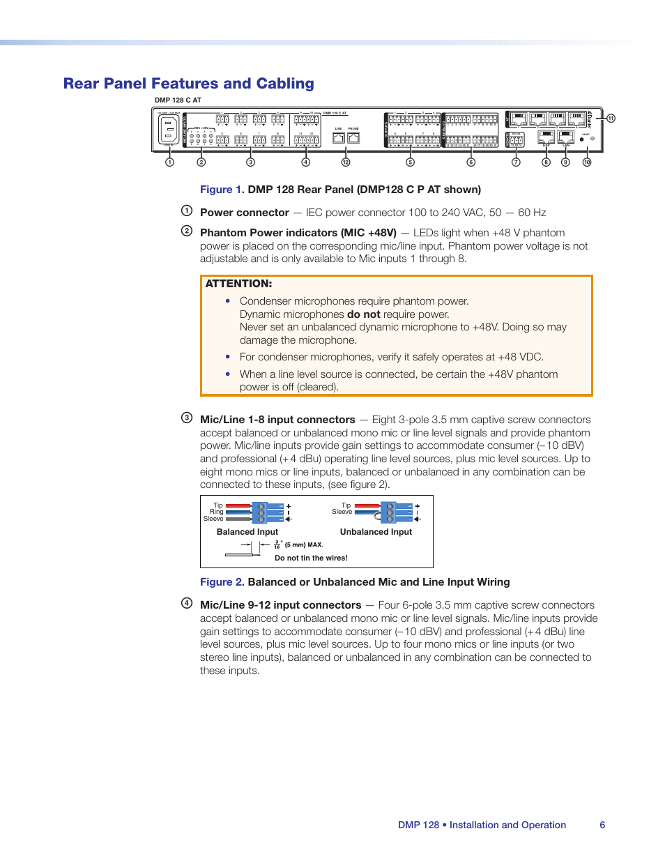 Rear panel features and cabling, Dmp 128 • installation and operation 6 | Extron Electronics DMP 128 User Guide User Manual | Page 12 / 205