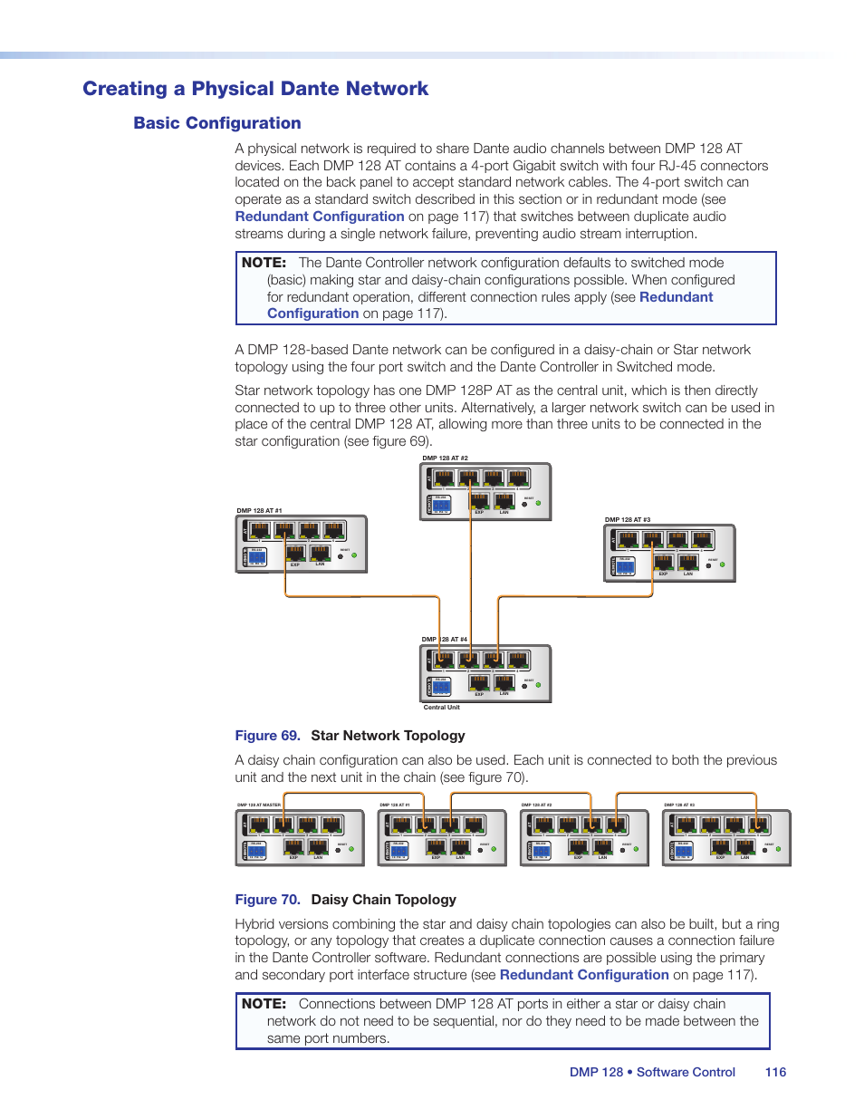 Creating a physical dante network, Basic configuration, Star network topology | Daisy chain network topology | Extron Electronics DMP 128 User Guide User Manual | Page 122 / 205