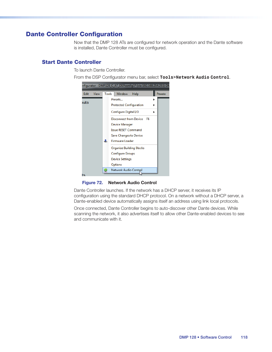 Dante controller configuration, Start dante controller, Ess (see | Oller (see, Start dante, Controller | Extron Electronics DMP 128 User Guide User Manual | Page 124 / 205