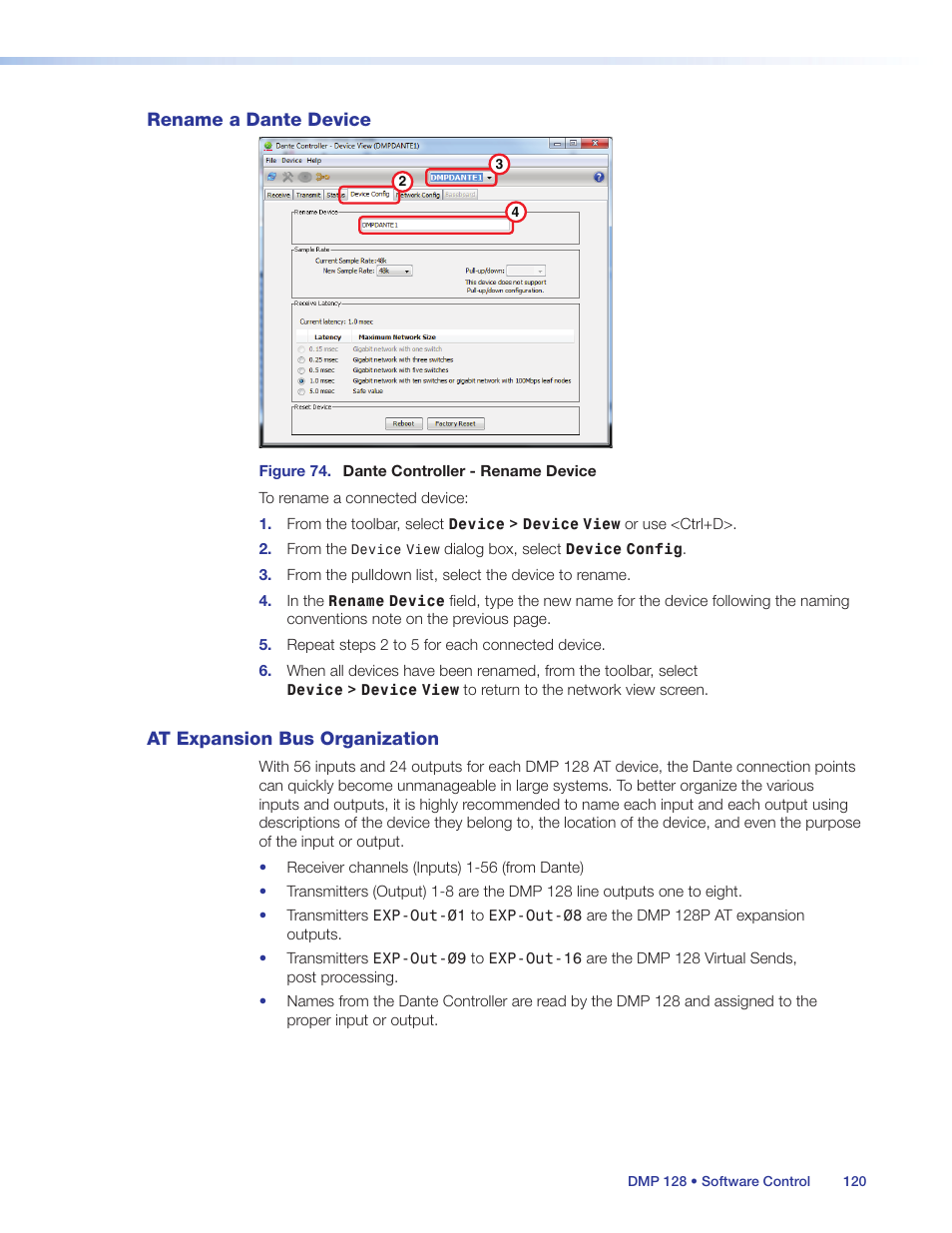 Rename a dante device, At expansion bus organization, Rename | A dante device | Extron Electronics DMP 128 User Guide User Manual | Page 126 / 205