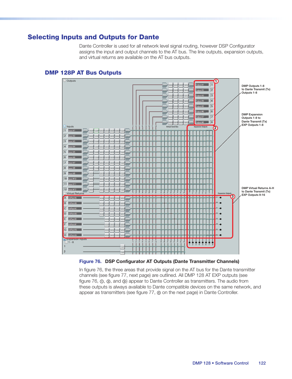 Selecting inputs and outputs for dante, Dmp 128p at bus outputs | Extron Electronics DMP 128 User Guide User Manual | Page 128 / 205