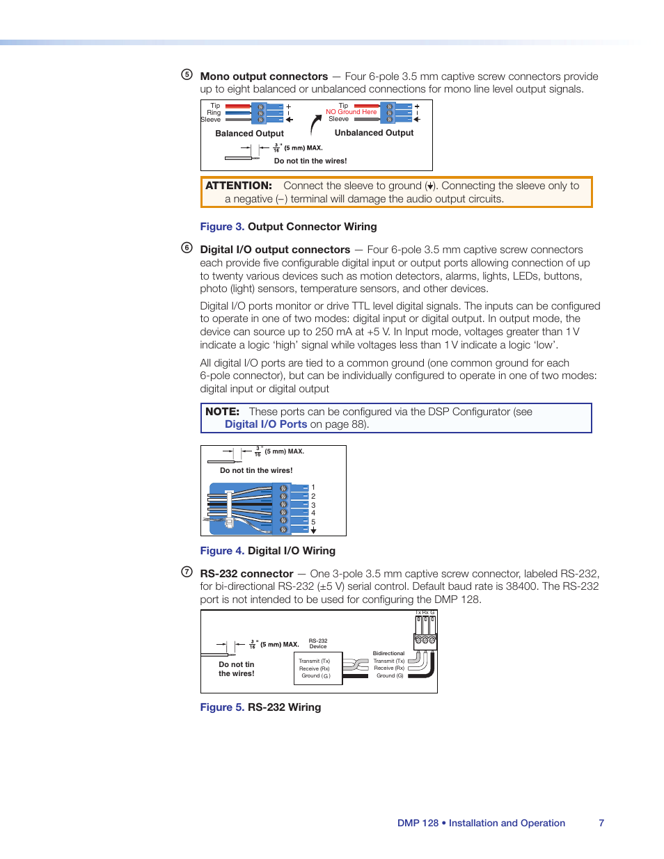 Figure 4. digital i/o wiring, Figure 5. rs-232 wiring | Extron Electronics DMP 128 User Guide User Manual | Page 13 / 205