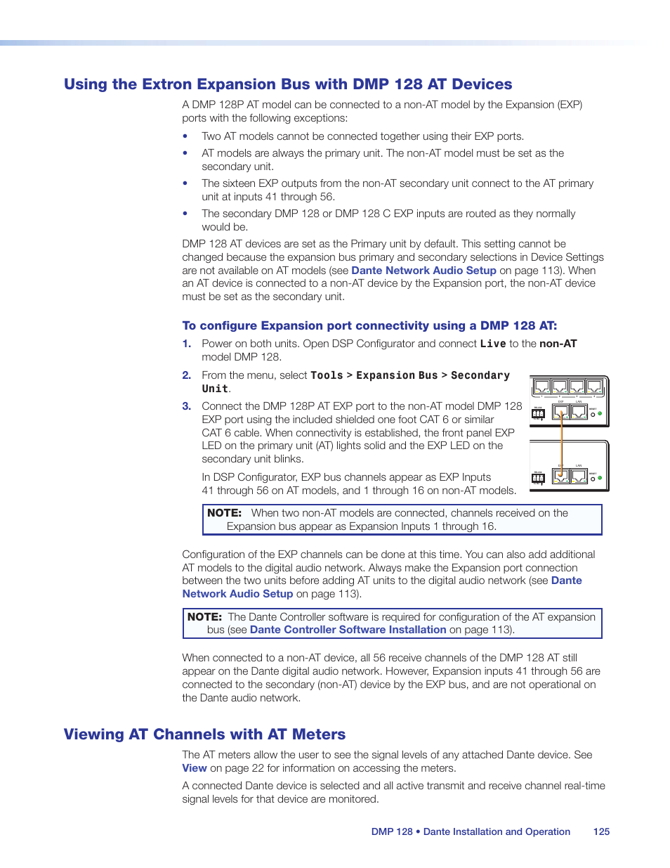 Viewing at channels with at meters, Using the extron expansion bus, With dmp 128 at devices | Channels. see, Viewing at channels with, At meters, Using the extron expansion bus with, Dmp 128 at devices | Extron Electronics DMP 128 User Guide User Manual | Page 131 / 205