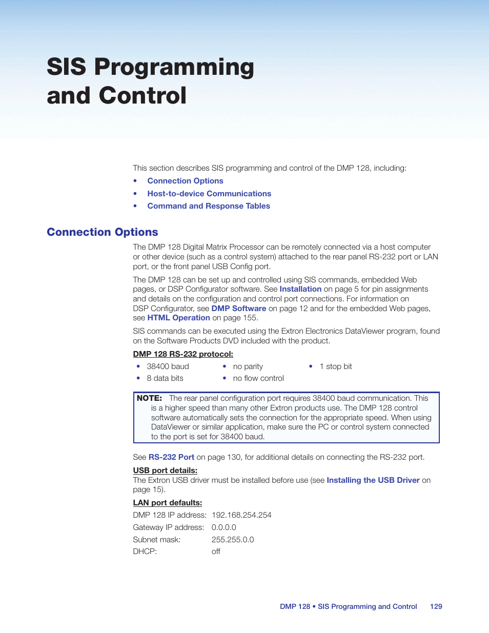 Sis programming and control, Connection options, Ol (see | Programming and control, Iewer (see, Command (see | Extron Electronics DMP 128 User Guide User Manual | Page 135 / 205