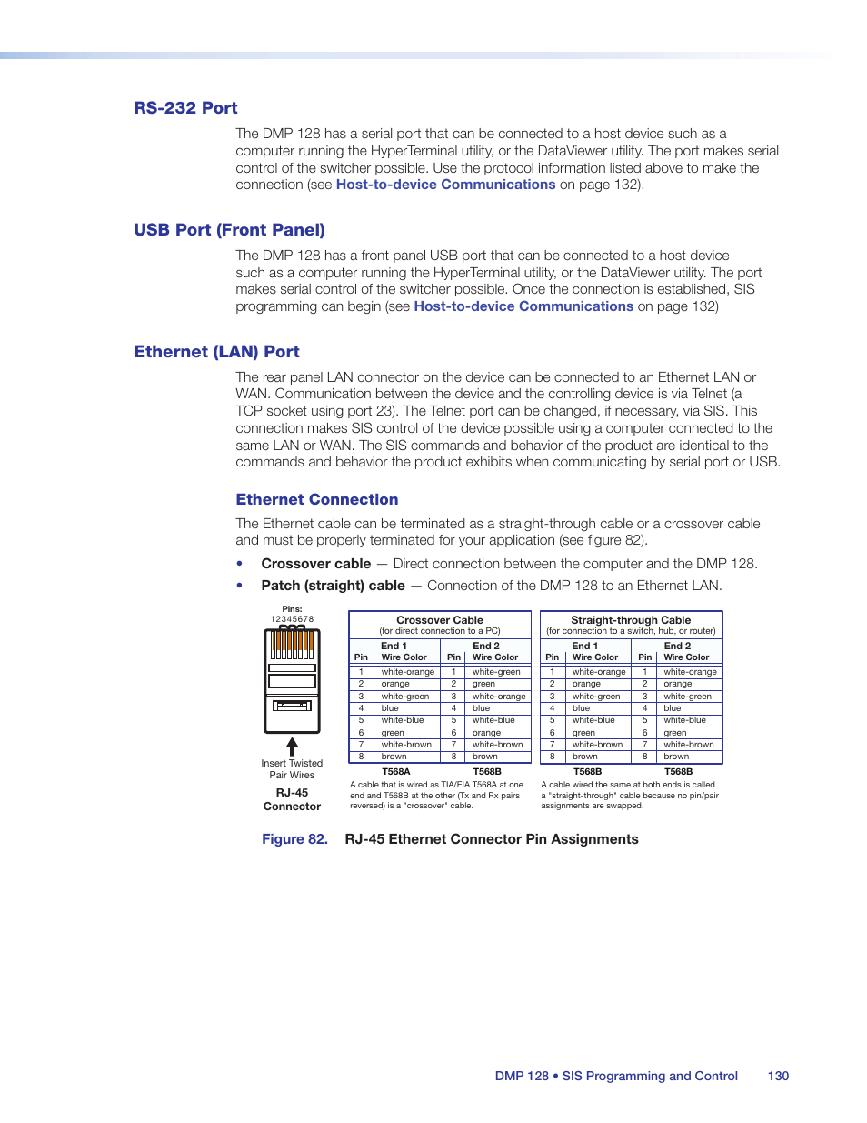 Rs-232 port, Usb port (front panel), Ethernet (lan) port | Ethernet connection | Extron Electronics DMP 128 User Guide User Manual | Page 136 / 205