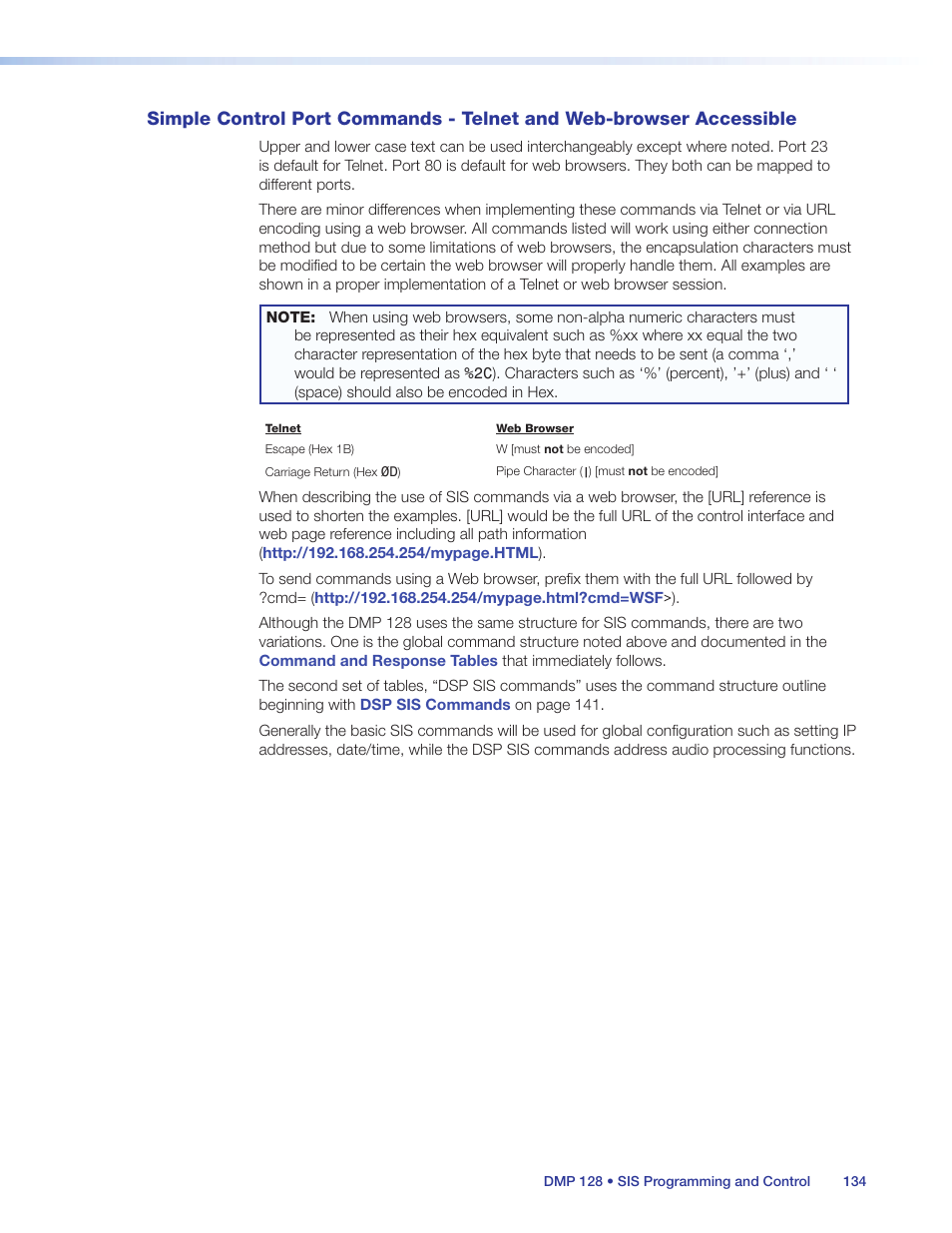 Simple control port commands, Telnet and web-browser accessible | Extron Electronics DMP 128 User Guide User Manual | Page 140 / 205