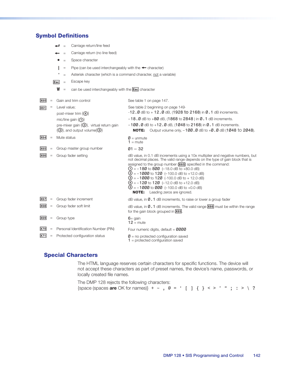 Symbol definitions, Special characters, Symbol definitions special characters | Extron Electronics DMP 128 User Guide User Manual | Page 148 / 205