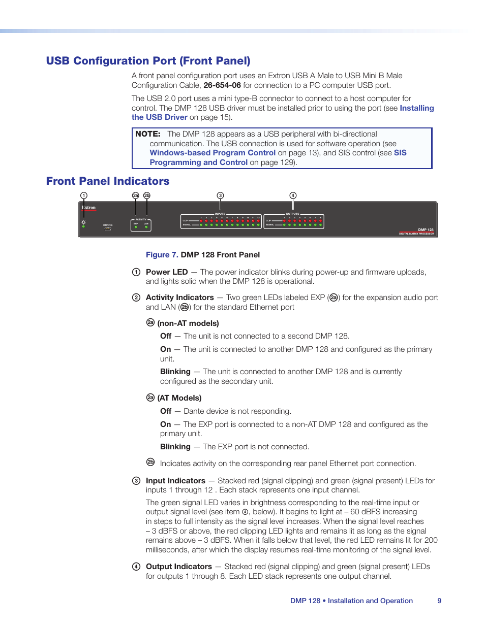 Usb configuration port (front panel), Front panel indicators, Cd a з й | Extron Electronics DMP 128 User Guide User Manual | Page 15 / 205