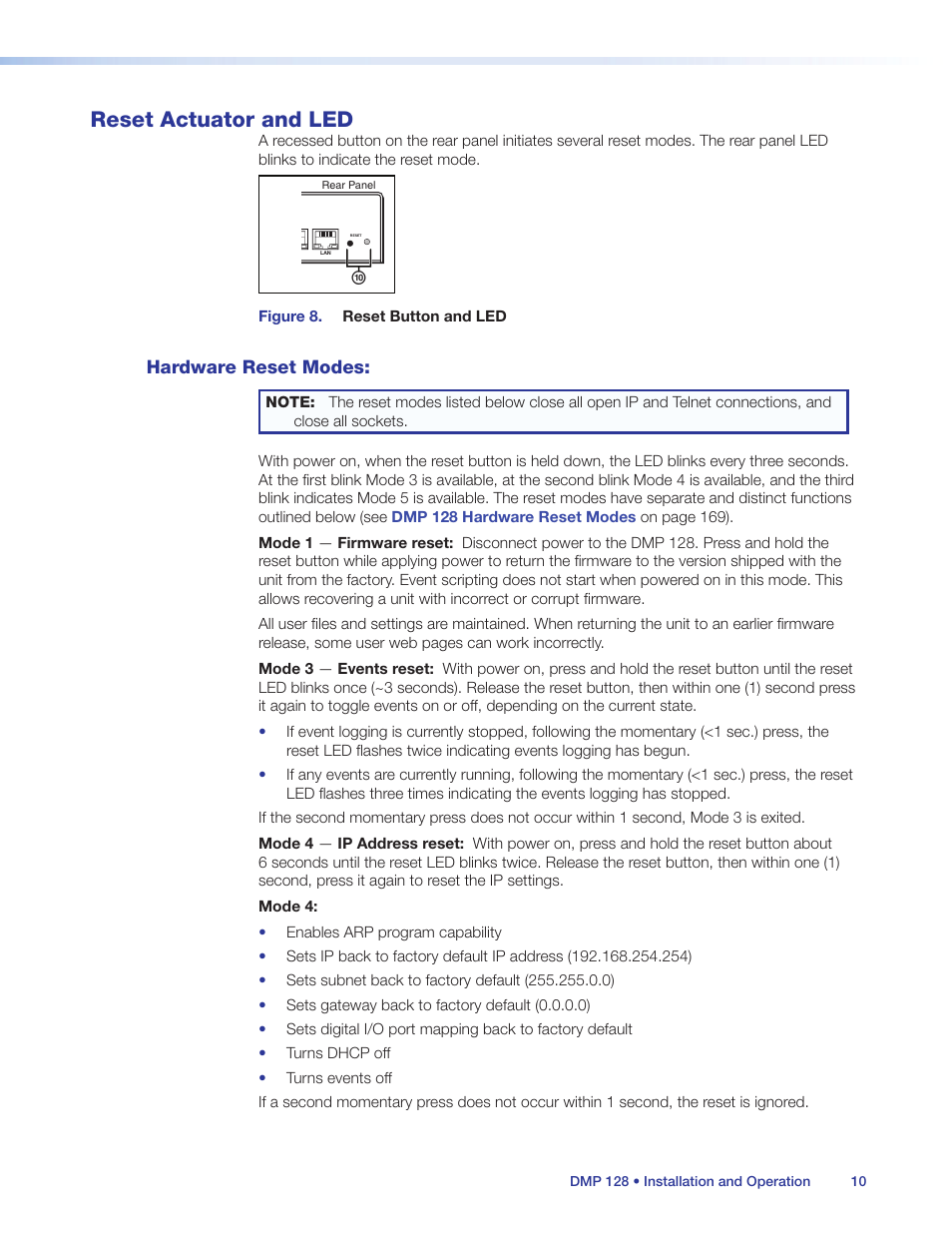 Reset actuator and led, Hardware reset modes, Figure 8. reset button and led | Extron Electronics DMP 128 User Guide User Manual | Page 16 / 205