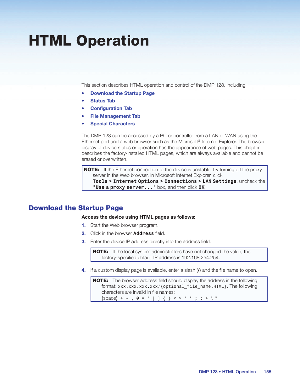 Html operation, Download the startup page | Extron Electronics DMP 128 User Guide User Manual | Page 161 / 205