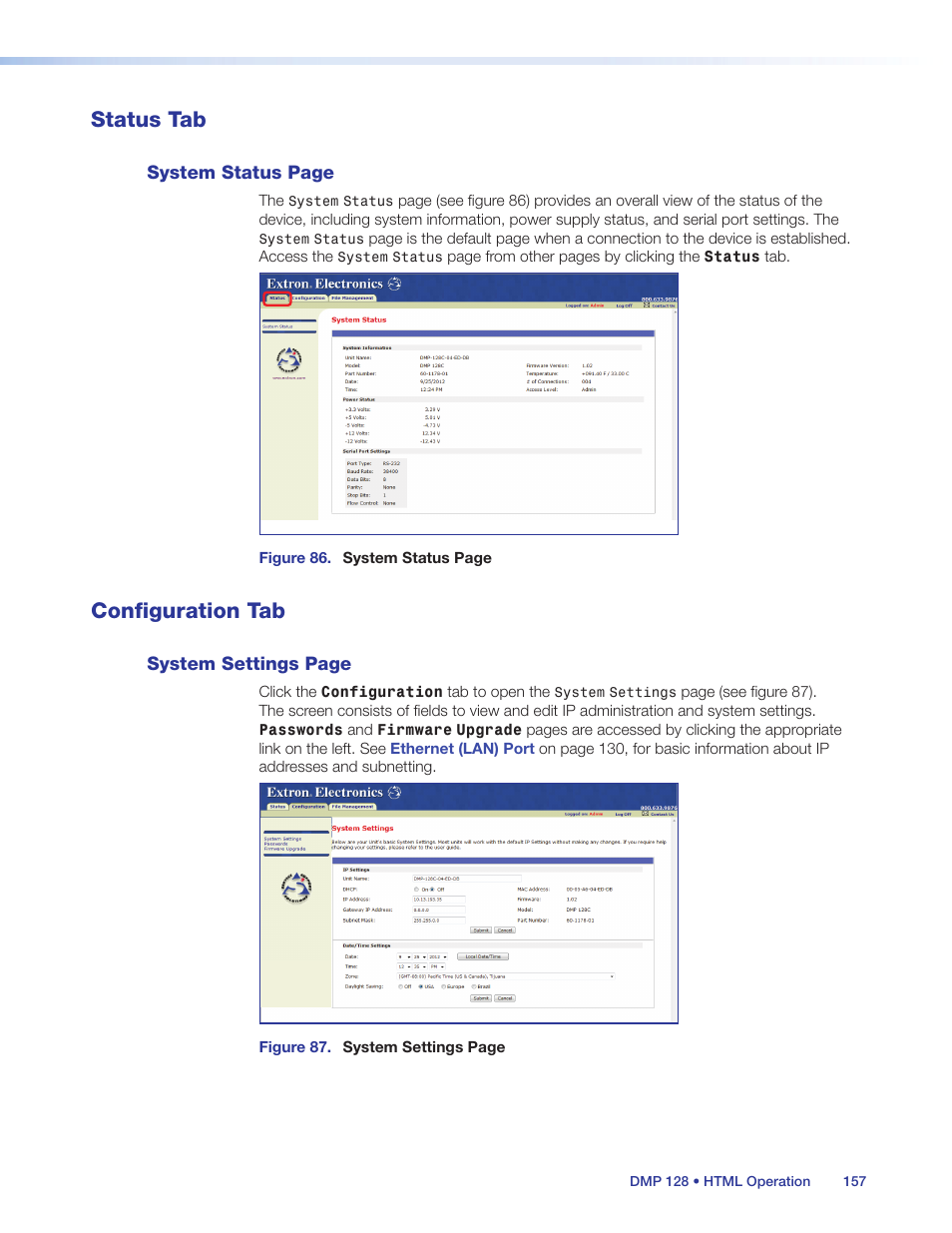 Status tab, Configuration tab | Extron Electronics DMP 128 User Guide User Manual | Page 163 / 205