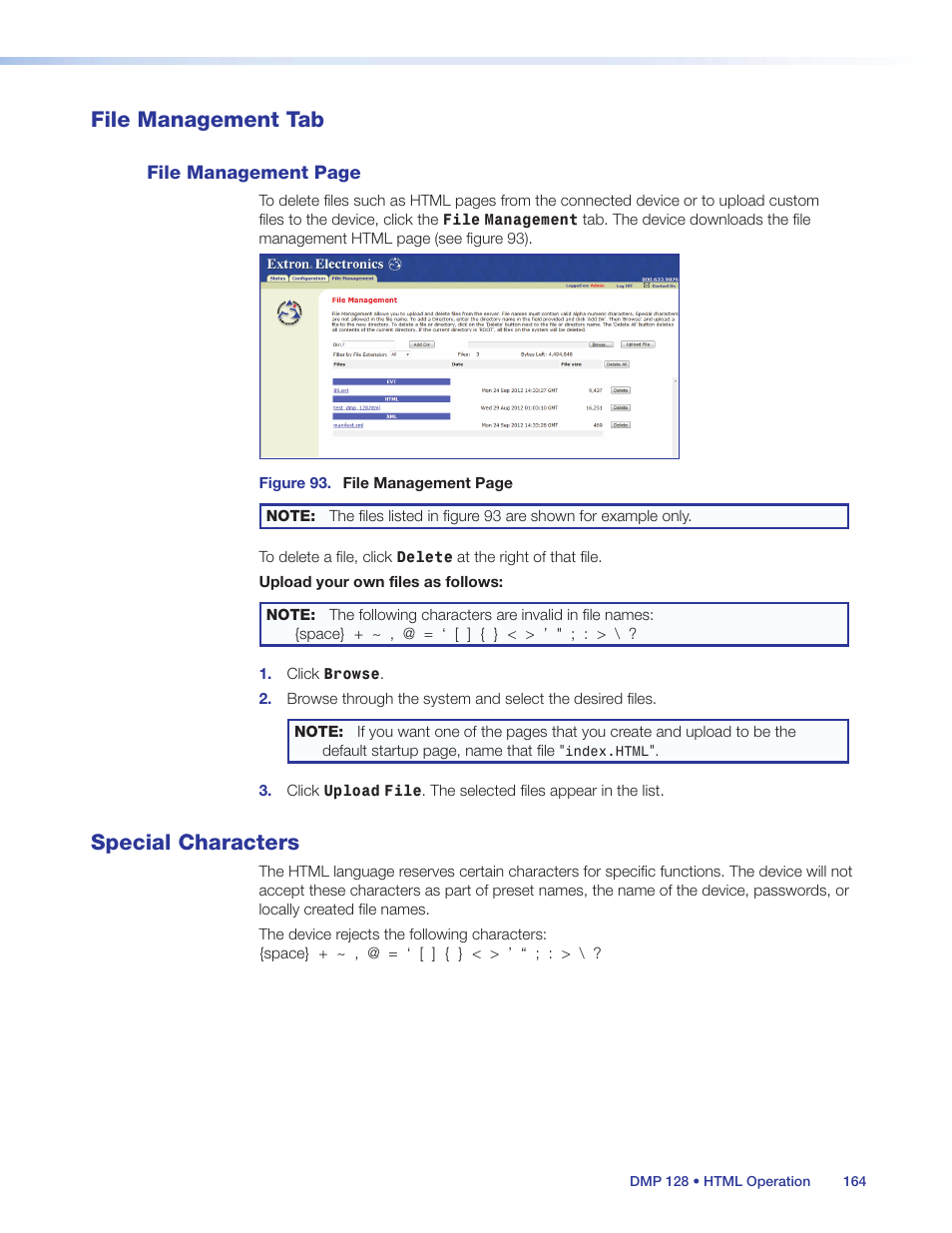 File management tab, Special characters | Extron Electronics DMP 128 User Guide User Manual | Page 170 / 205