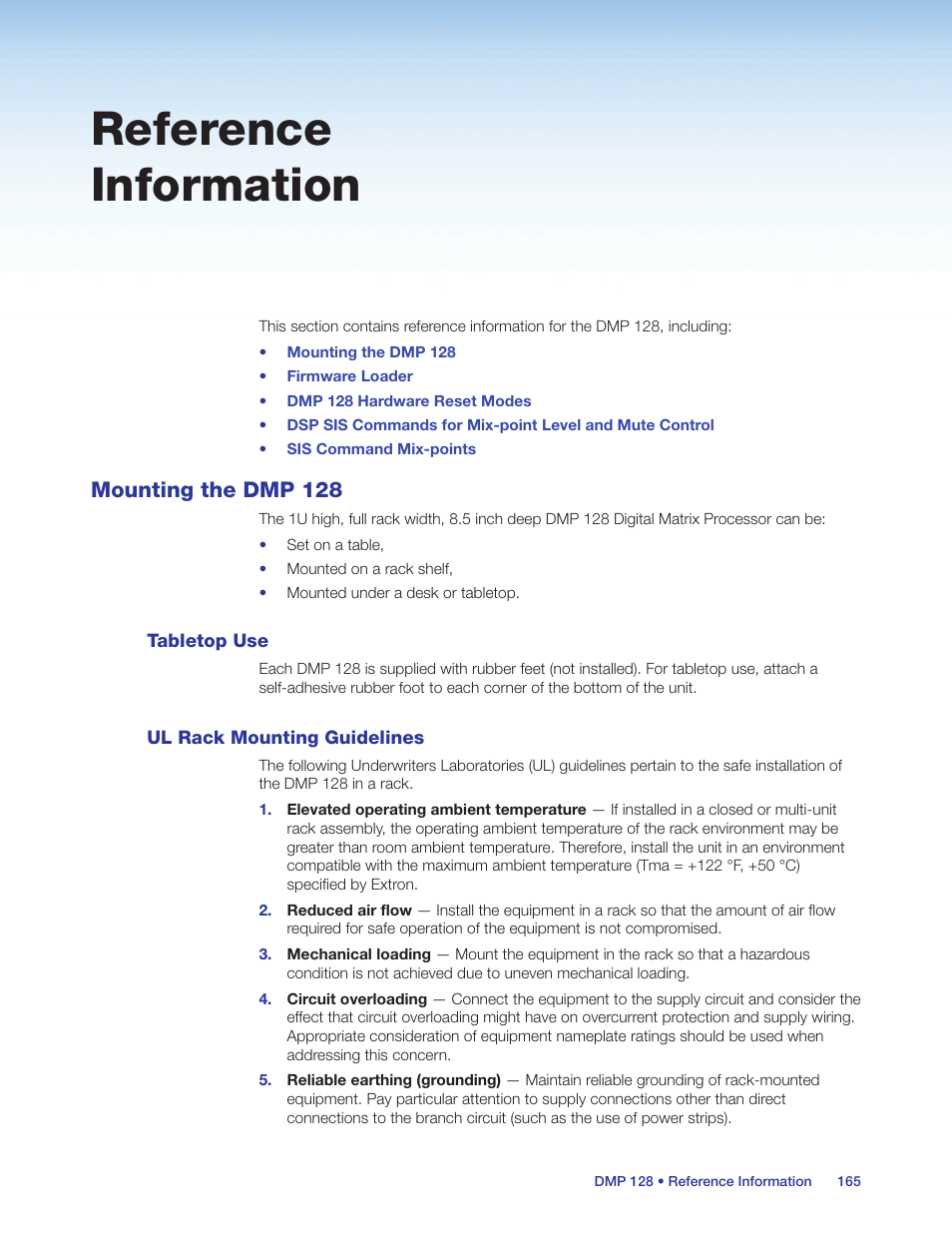 Reference information, Mounting the dmp 128, Tabletop use | Ul rack mounting guidelines, Tabletop use ul rack mounting guidelines | Extron Electronics DMP 128 User Guide User Manual | Page 171 / 205