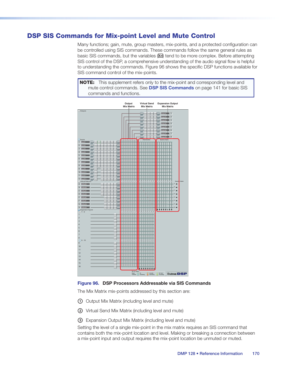 Dsp sis commands for mix-point level, And mute control, Ess, see | Dsp sis commands for mix-point level and mute, Control, Output mix matrix (including level and mute), Virtual send mix matrix (including level and mute) | Extron Electronics DMP 128 User Guide User Manual | Page 176 / 205