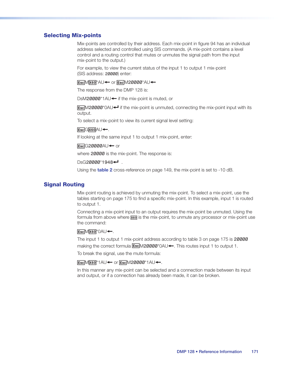 Selecting mix-points, Signal routing, Selecting mix-points signal routing | Extron Electronics DMP 128 User Guide User Manual | Page 177 / 205