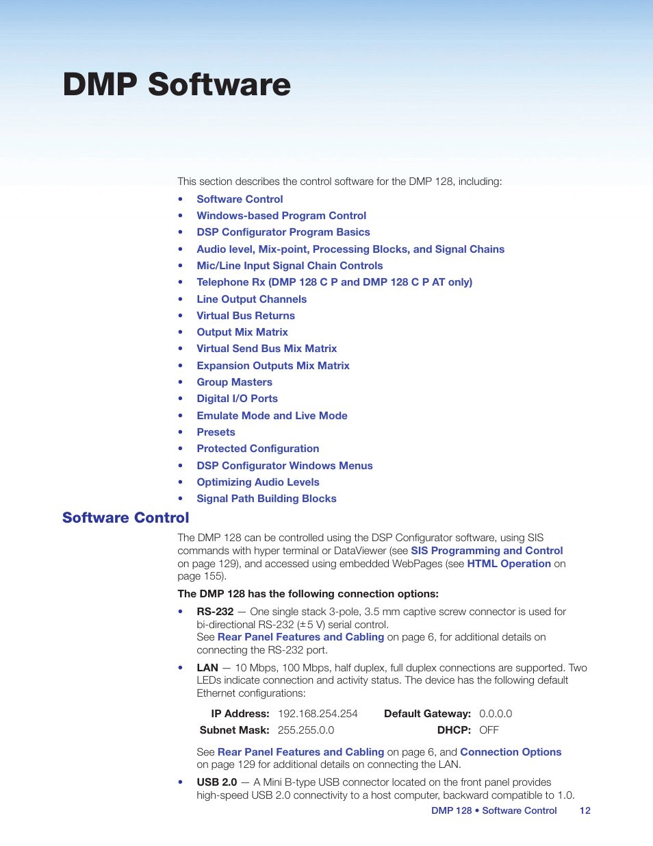 Dmp software, Software control | Extron Electronics DMP 128 User Guide User Manual | Page 18 / 205