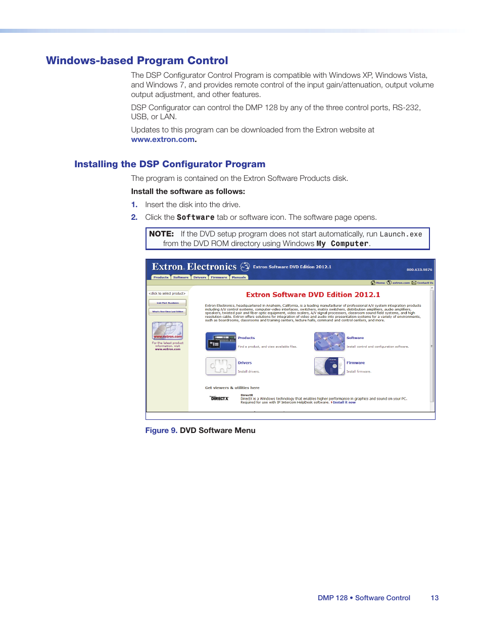 Windows-based program control, Installing the dsp configurator program, E operation (see | Extron Electronics DMP 128 User Guide User Manual | Page 19 / 205
